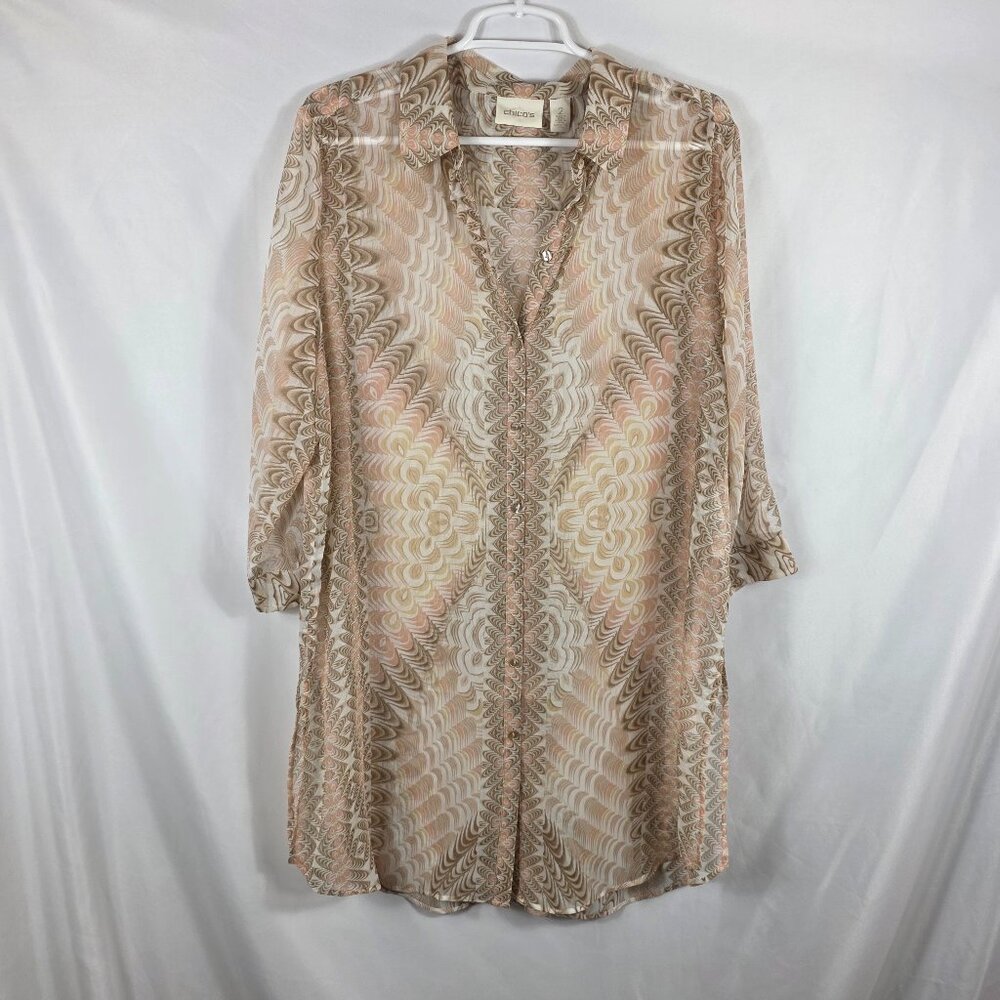 Chico's Boho Bliss Bridgette Long Shirt Women's Size Large Pink Beige Geo Print